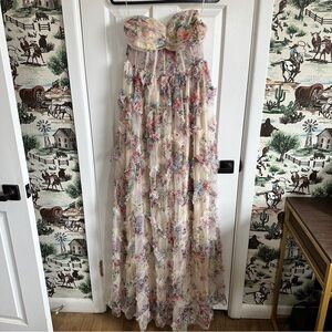 Floral Strapless Maxi Dress in Cream with Pastel Bouquet Print